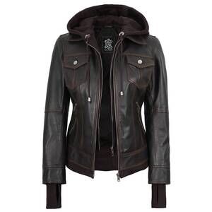 NEW DECRUM women's tralee bomber leather jacket with removable hoodie in dark br